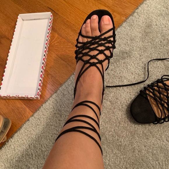 Shoes - Black Knotted Lace Up Sandals